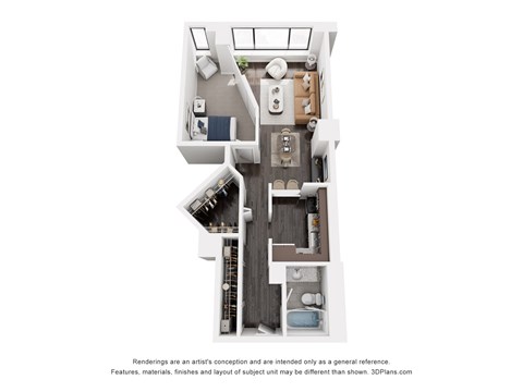 Floor plan for 1 bed, 1 bath, 661 sqft